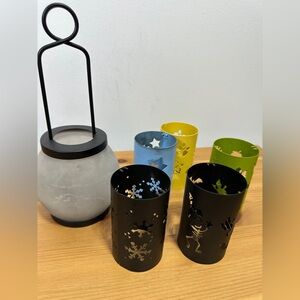 Partylite Change O Lantern Set Frosted Glass Holder + 5 Seasonal Metal Sleeves